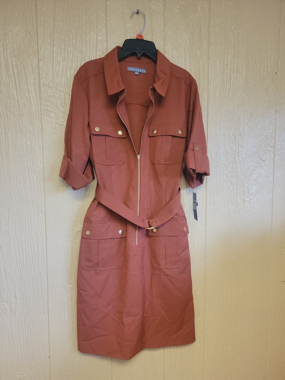 Sharagano NY Women's Belted Zip Front Dress Arabian Spice Size 12 with Pockets